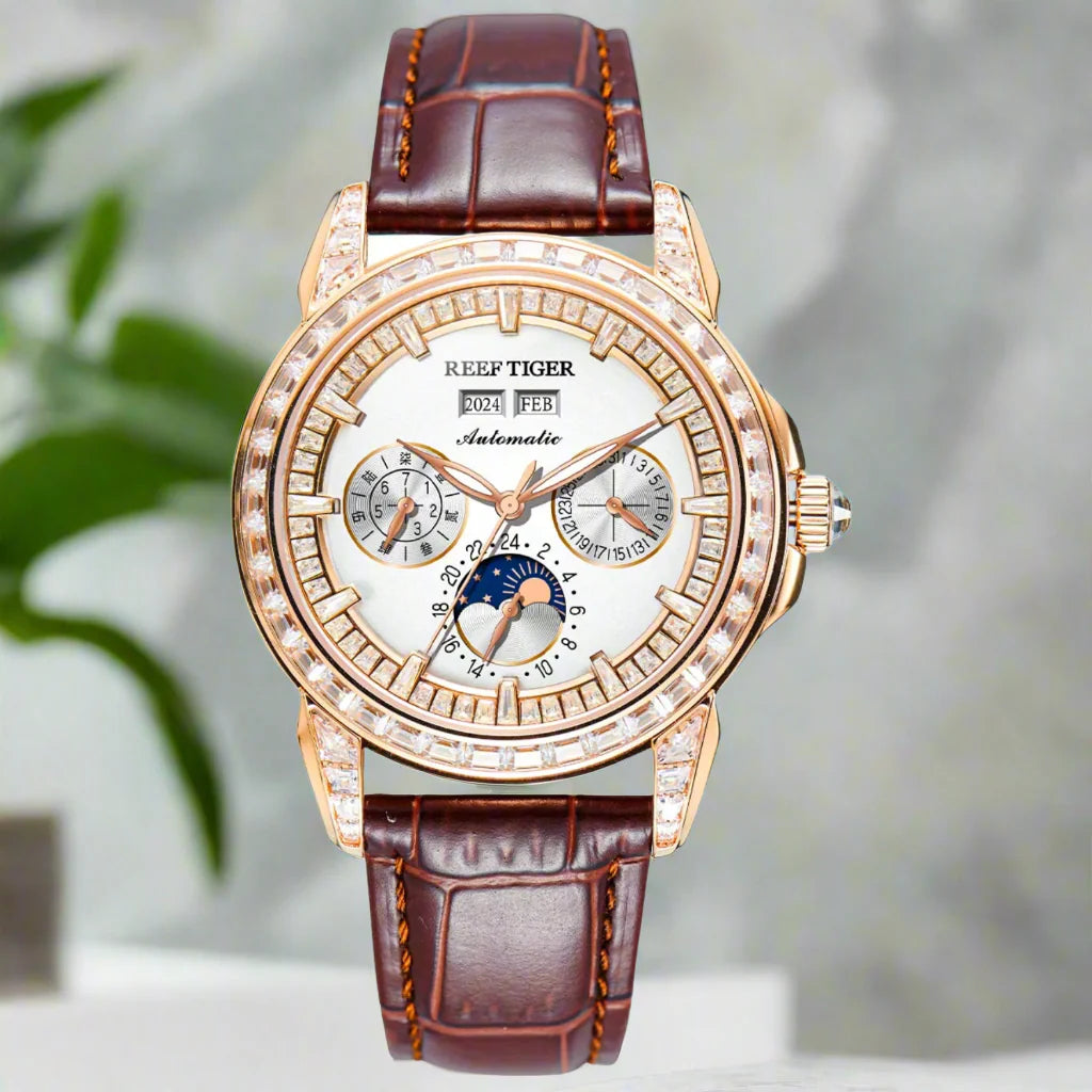 Automatic moonphase  watch by reef tiger diamonds bezel blue dial