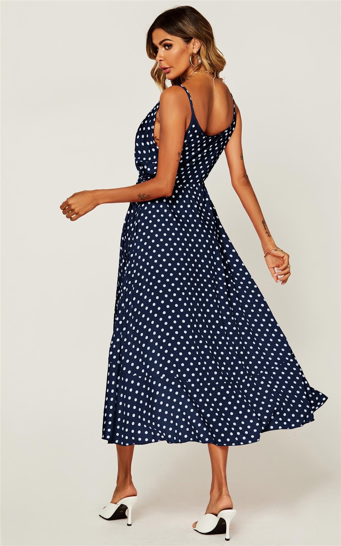 Button Down High Low Strappy Dress In Navy & White Polka Dot