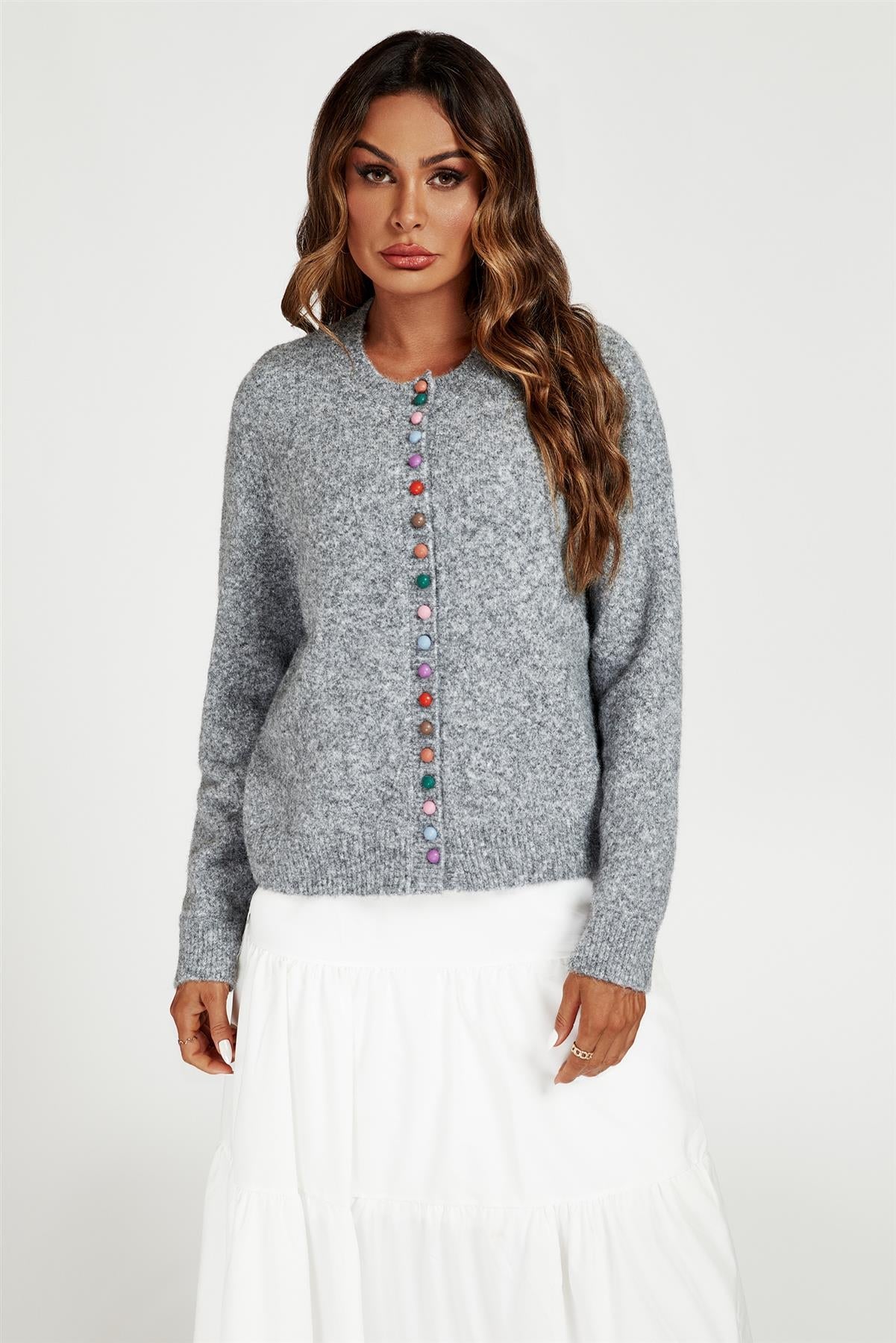 Rainbow Buttons Cardigan In Grey