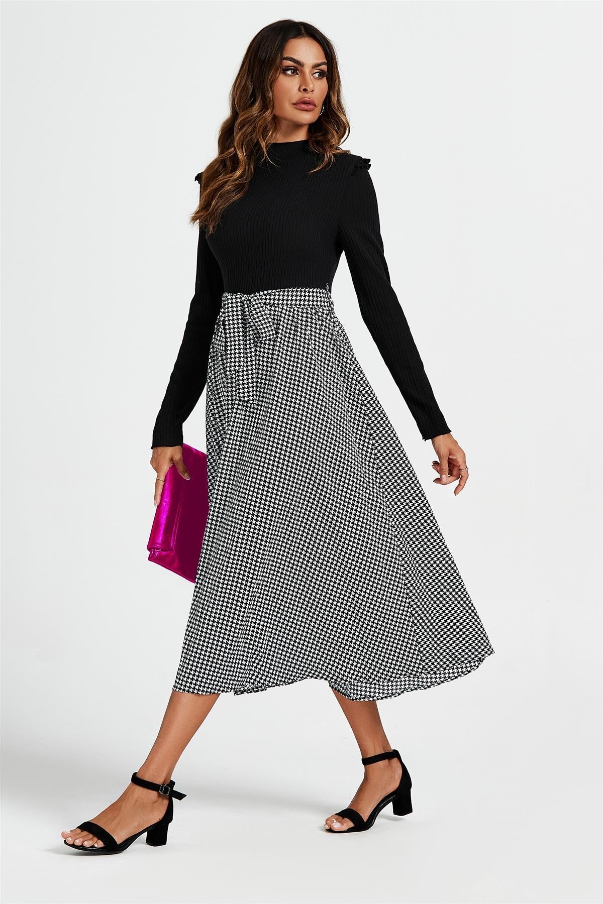 Rochie midi 2 în 1 cu imprimeu Houndstooth alb și negru