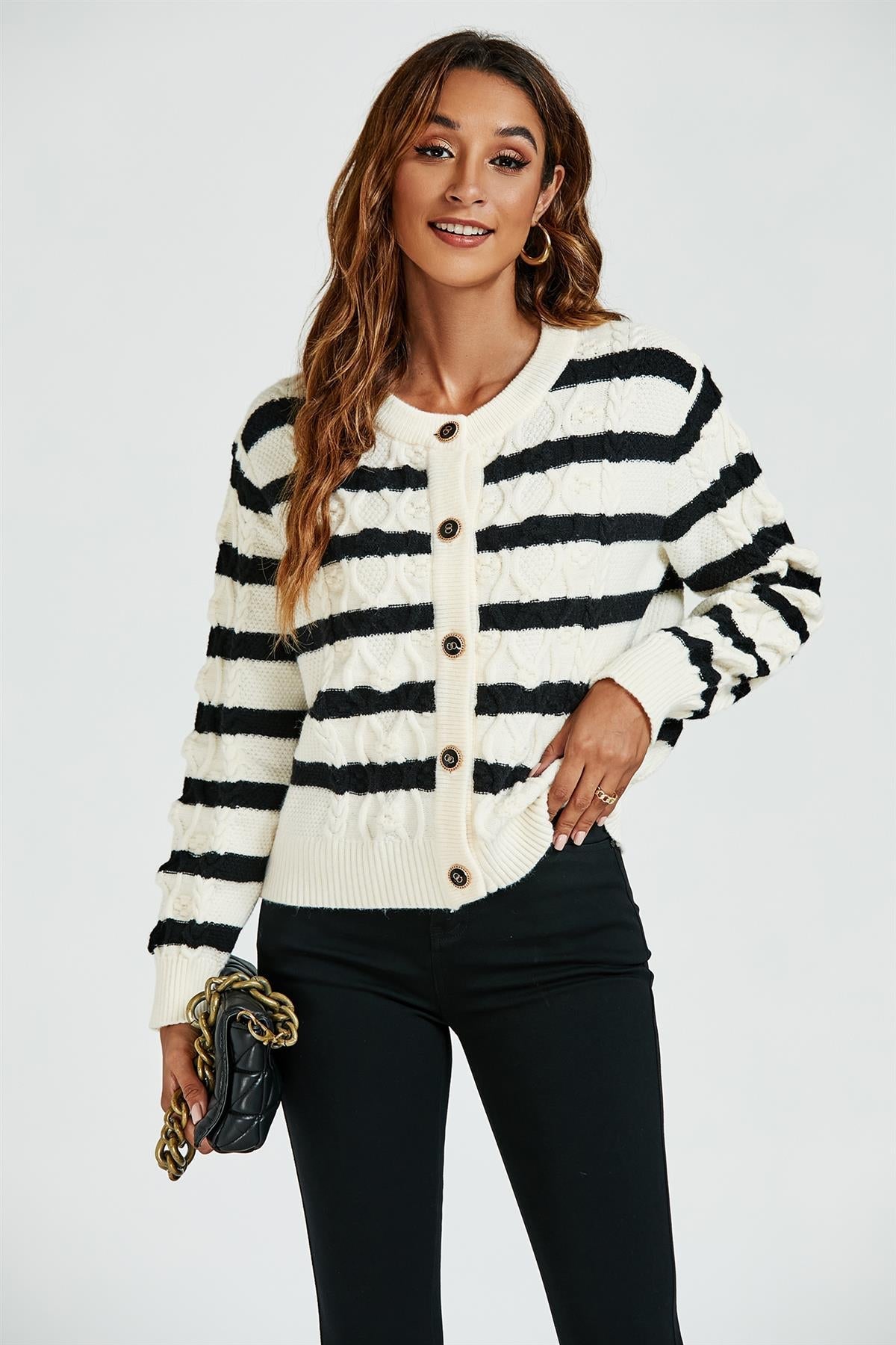 Stripe Pattern Knitted Cardigan In Black