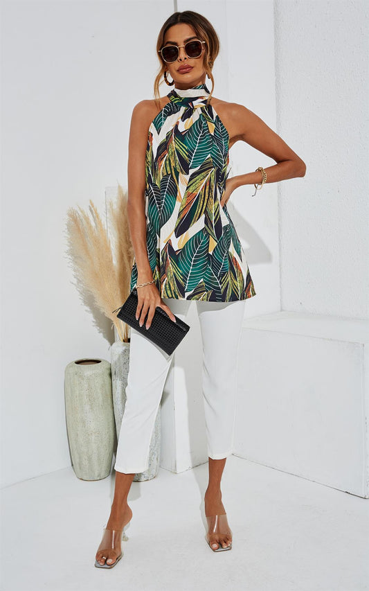 Top verde cu imprimeu de frunze și legături la spate