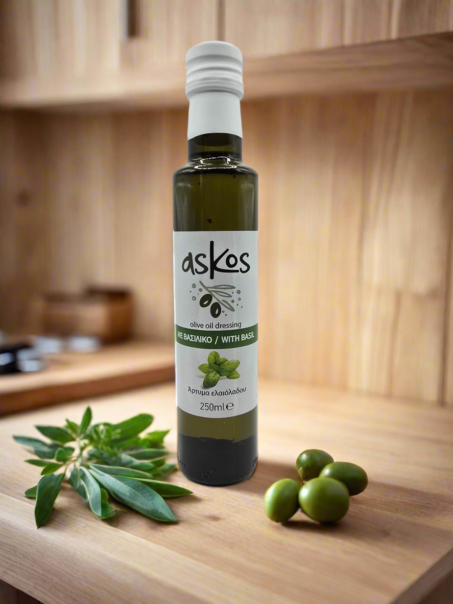 Ulei de măsline ASKOS presat la rece cu busuioc - sticlă de sticlă 250 ml, aromă proaspătă de busuioc
