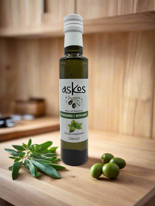 Ulei de măsline ASKOS presat la rece cu busuioc - sticlă de sticlă 250 ml, aromă proaspătă de busuioc