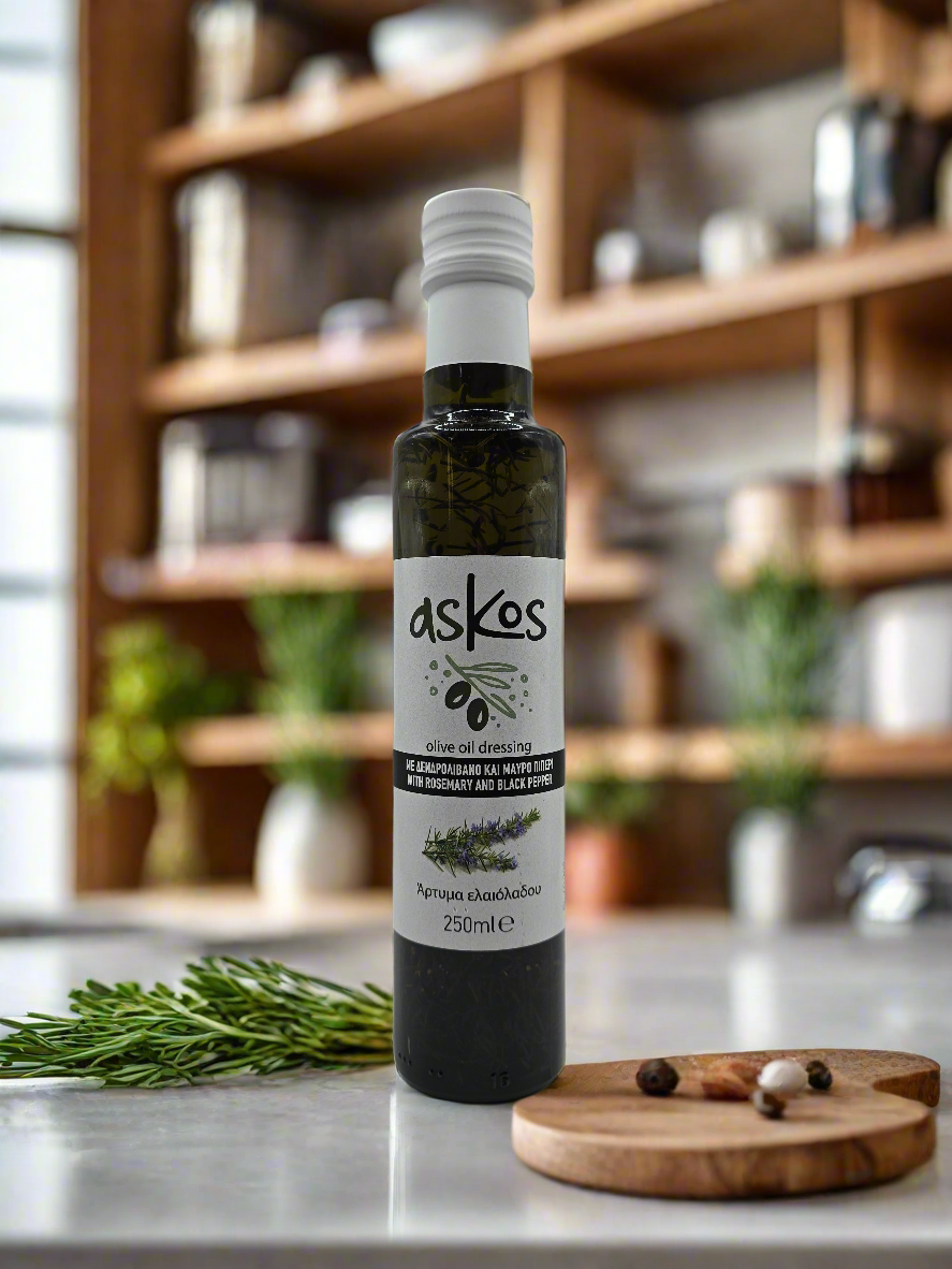 Ulei de măsline ASKOS cu rozmarin și piper - ulei presat la rece, sticlă de sticlă 250ml, gust proaspăt