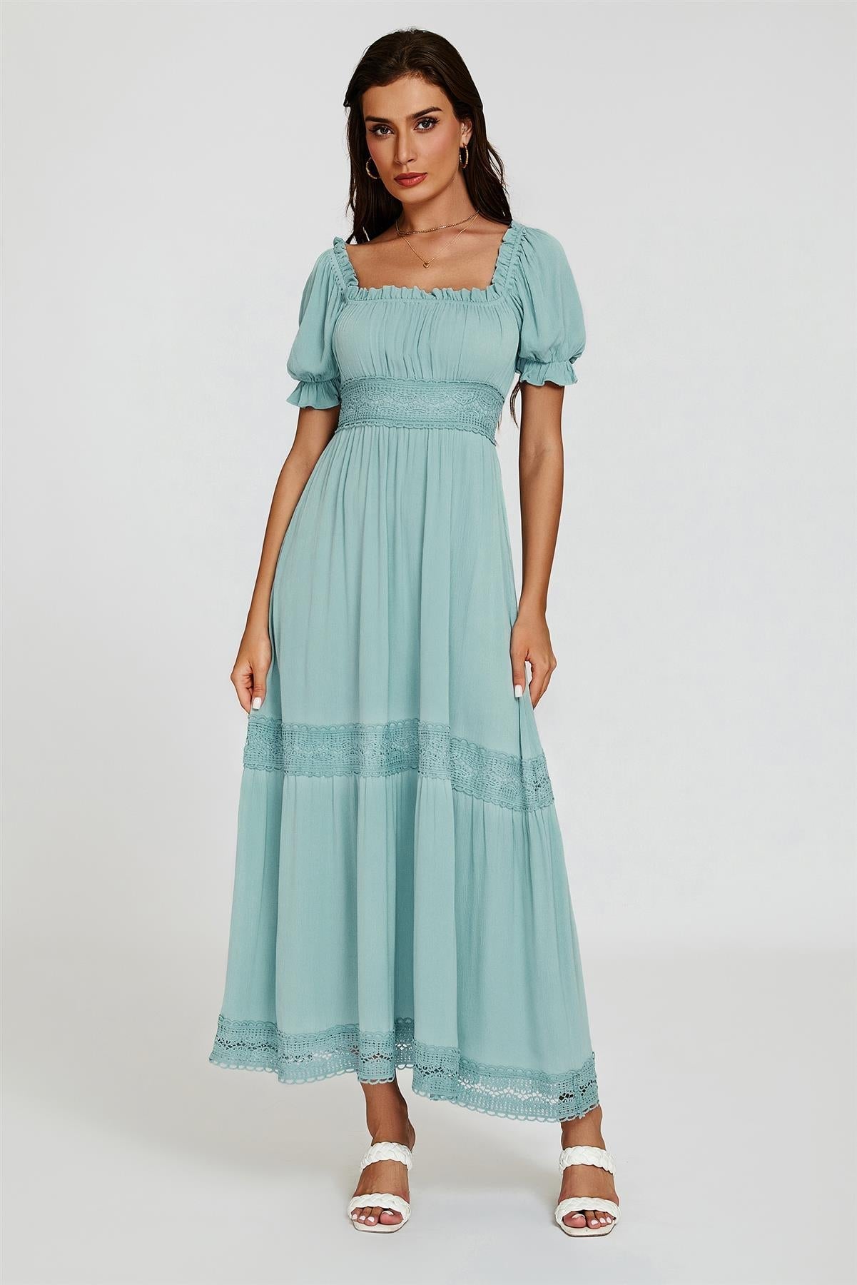 Lace Detail Bardot Maxi Dress In Blue