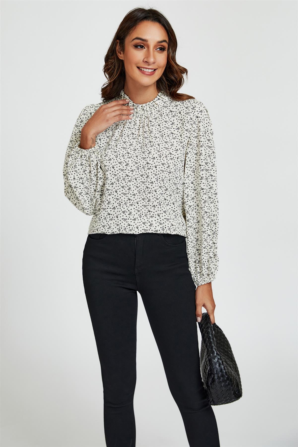 Little Floral Print Frill Detail High Neck Top In White