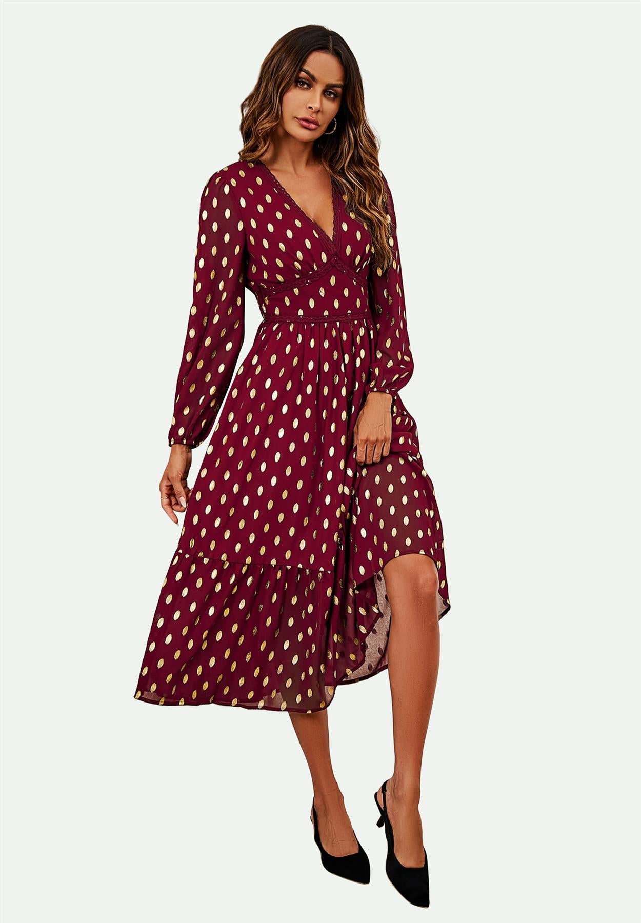 Lace Trim Foil Long Sleeve Maxi Dress In Wine