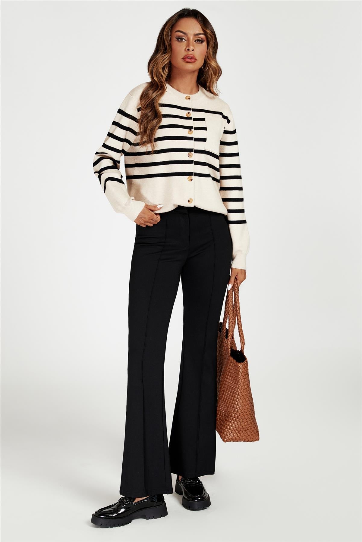 Pocket Stripe Knitted Cardigan In Cream