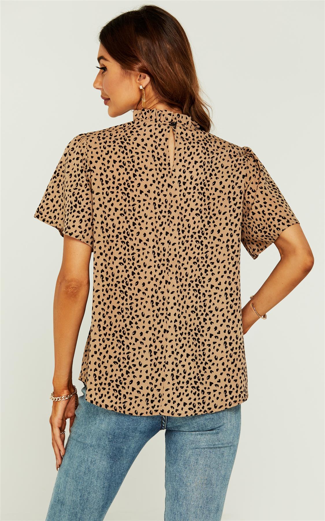 Little Heart Print Angle Sleeve High Neck Top/Blouse In Beige