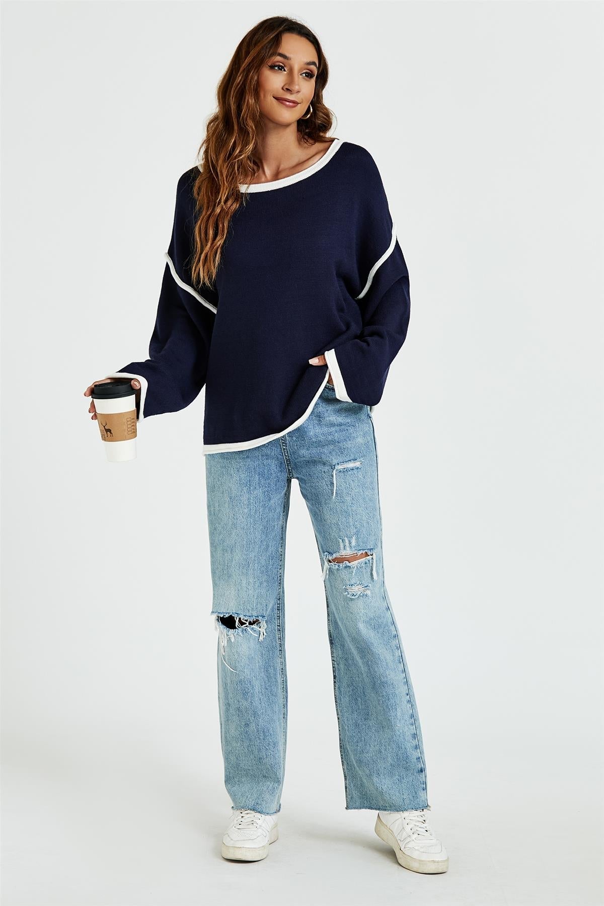 White Striped Oversized Jumper Top In Navy