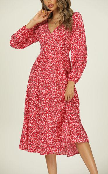 Button Down V Neck Long Sleeve Midi Dress In Red Floral Print