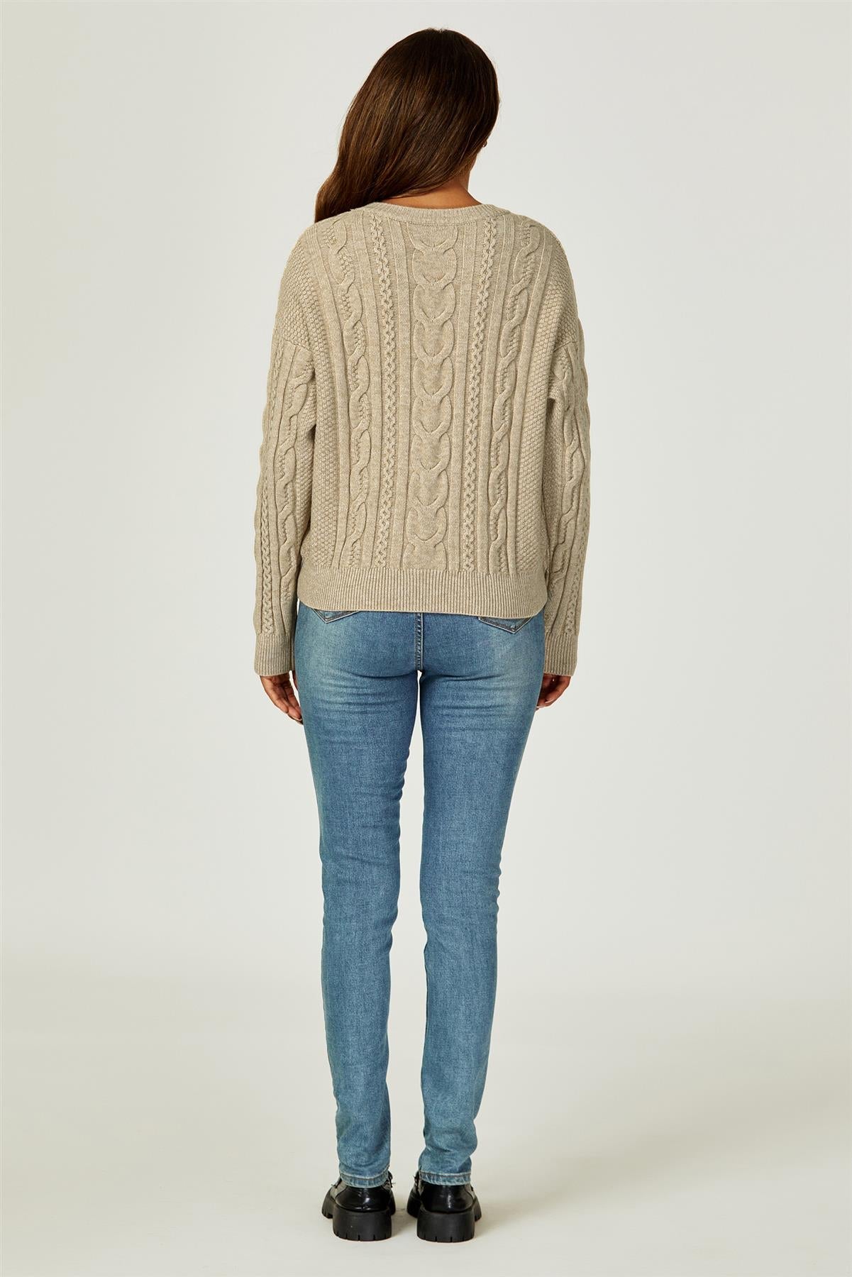 Cable Knit Crew Neck Jumper In Taupe