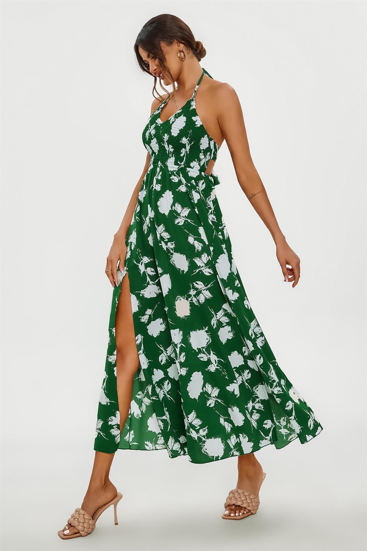 Floral Print Tie Halterneck Back Detail Maxi Dress In Green