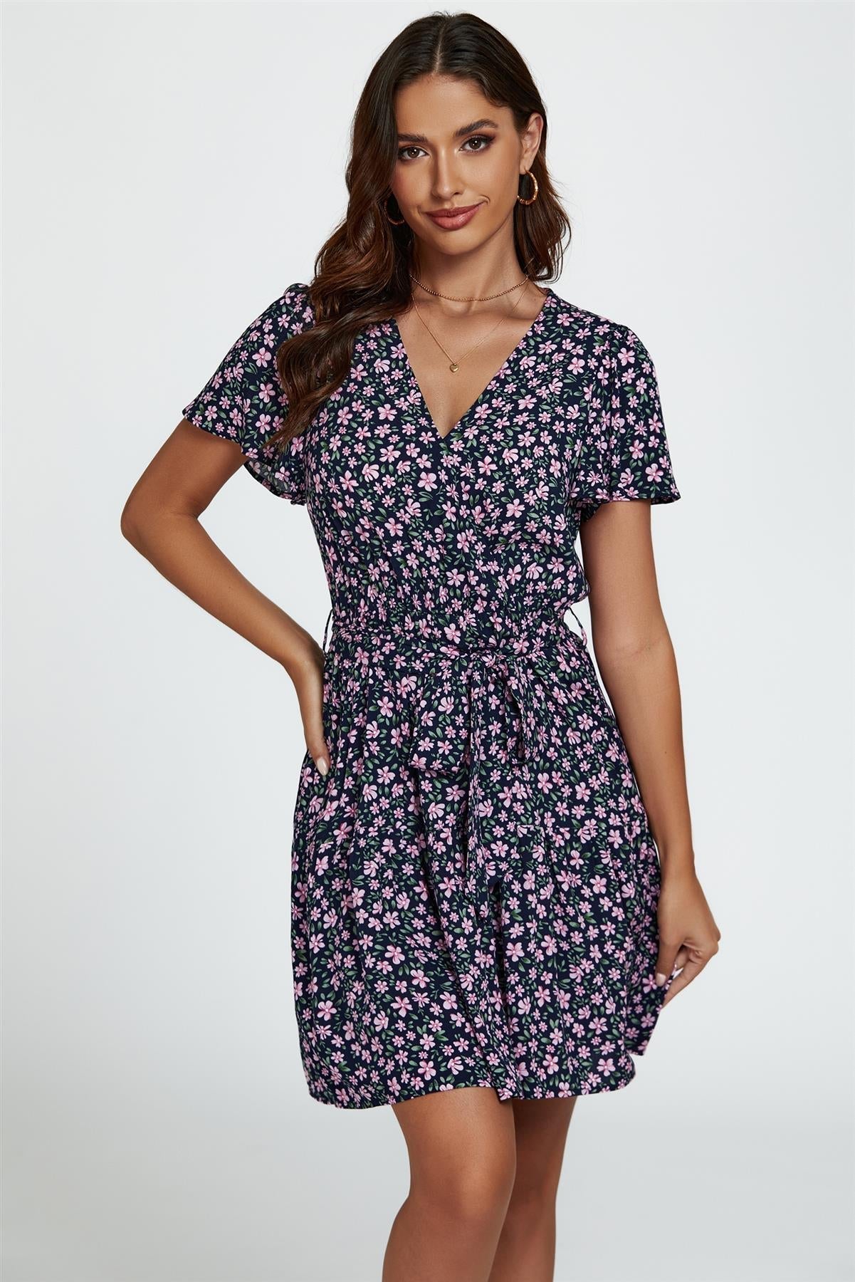 Floral Print Hem Tiered Wrap Mini Dress In Navy