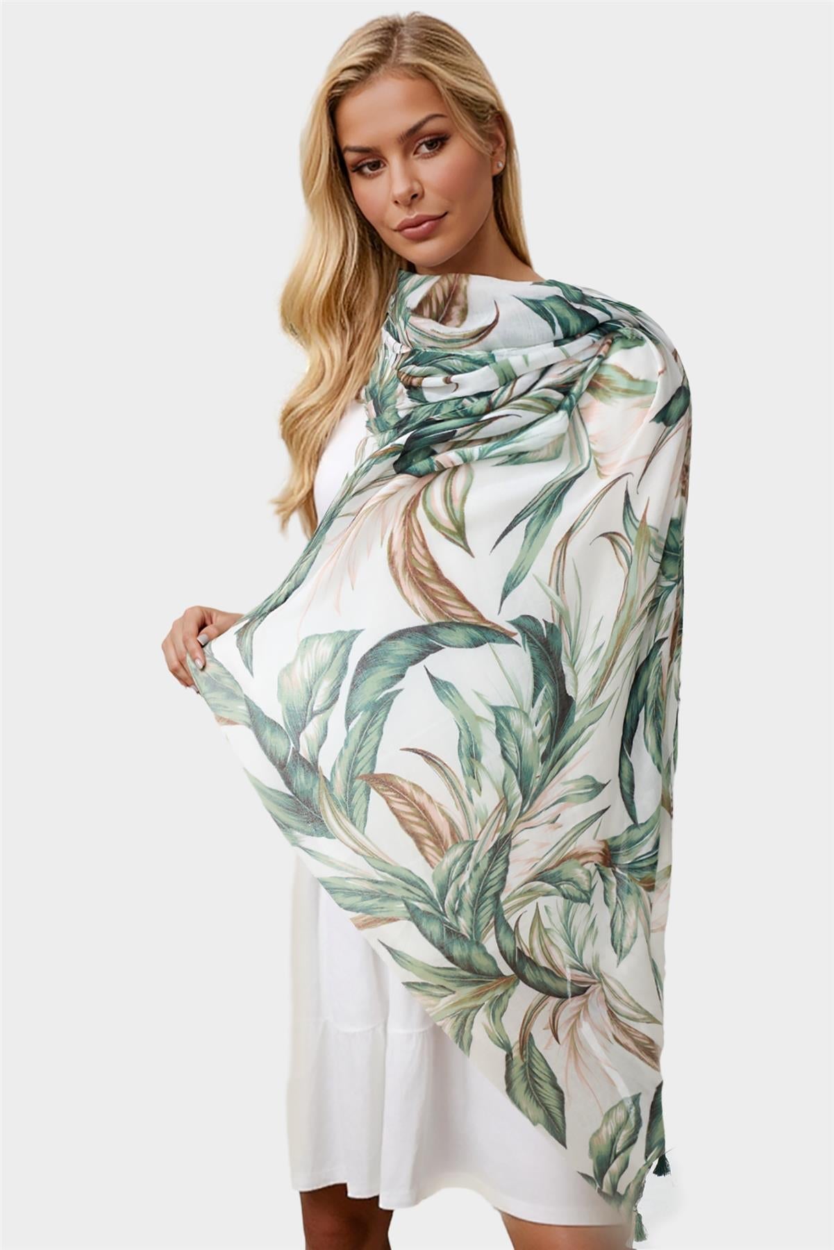 Green Leaf Print Tassel Scarf In White