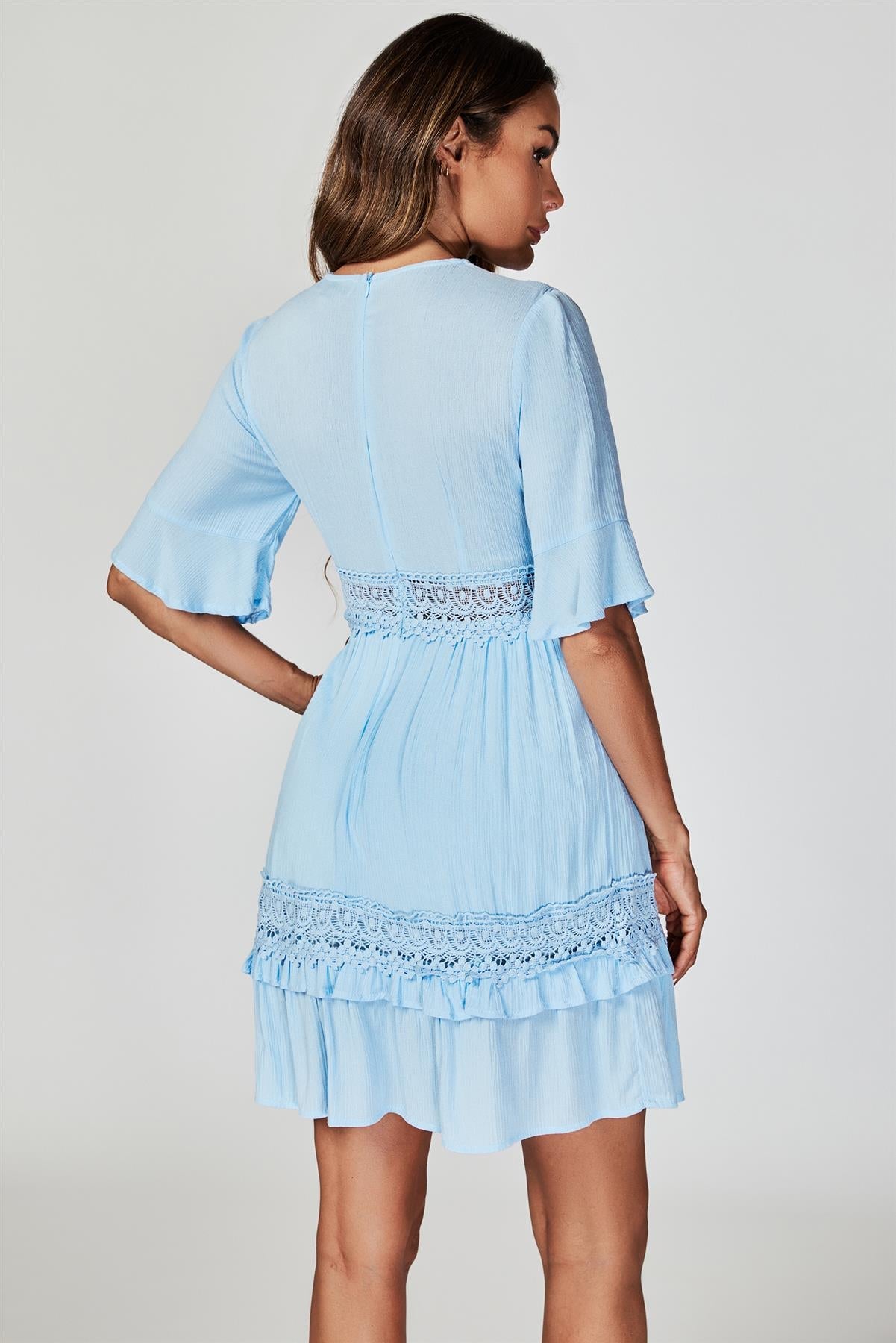 V Neck Lace Mini Dress In Light Blue