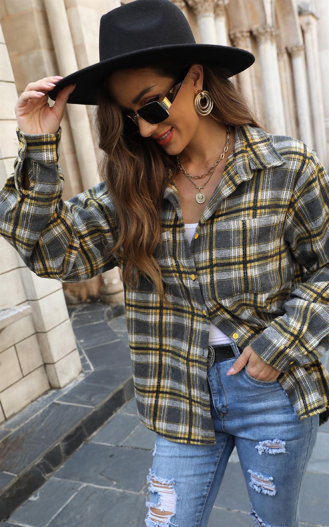 Yellow Brushed Check Oversized Pocket Detail Shacket Shirt Jacket In Grey