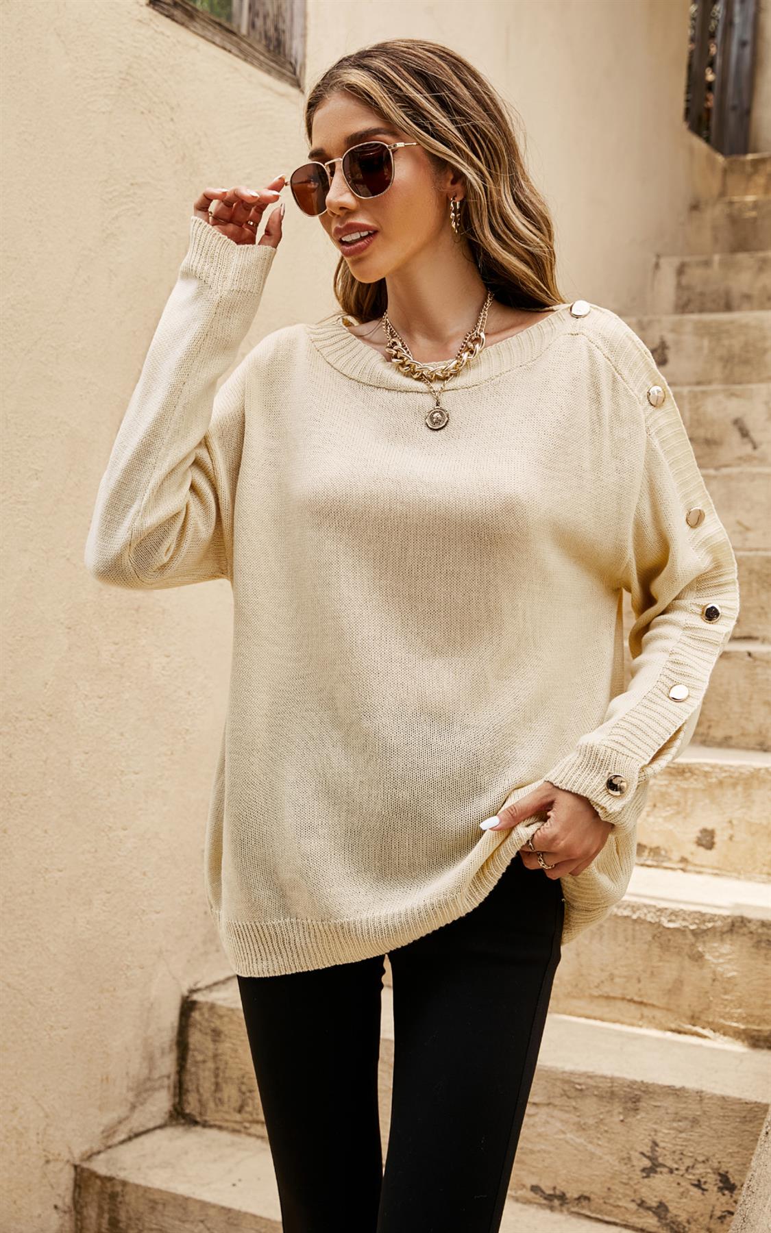 Button Detail Comfy Jumper Top In Beige