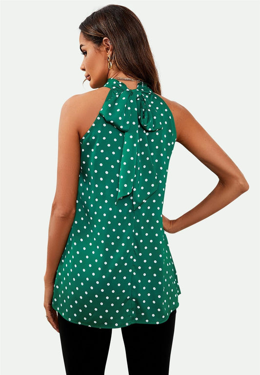Polka Dot Print Halter Neck Tie Back Top In Green