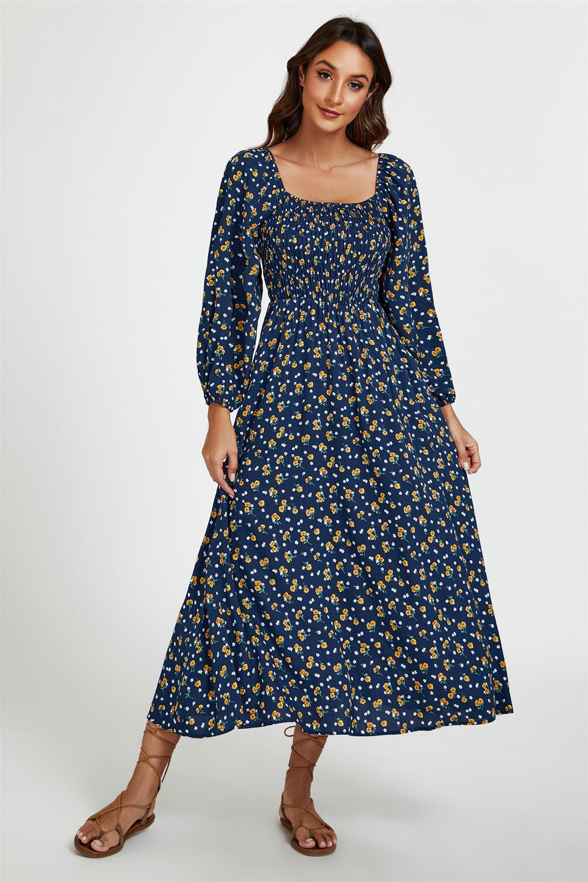Floral Print Square Neck Maxi Dress In Dark Blue