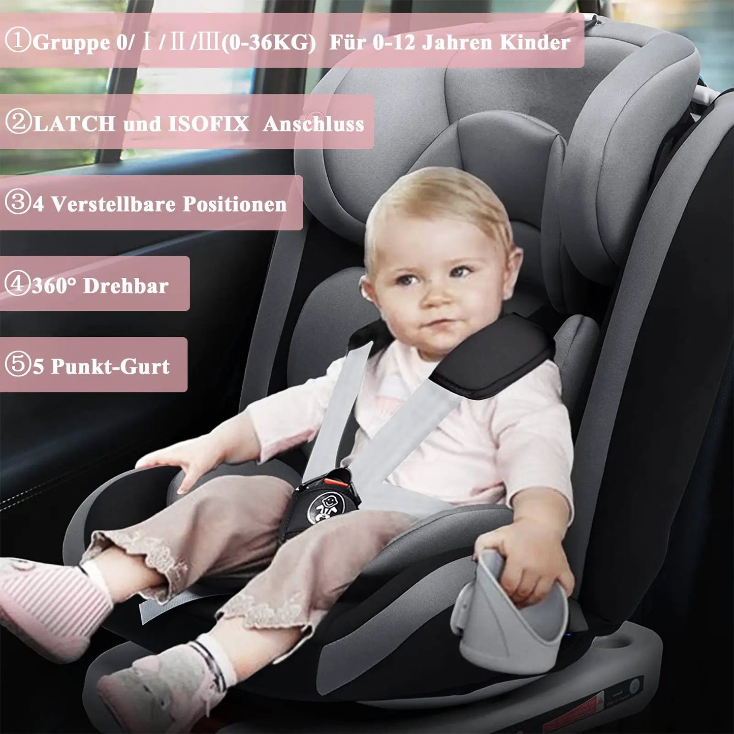 Kinderautositz 360 Grad Drehbar ISOFIX und 5 Punkt Gurt