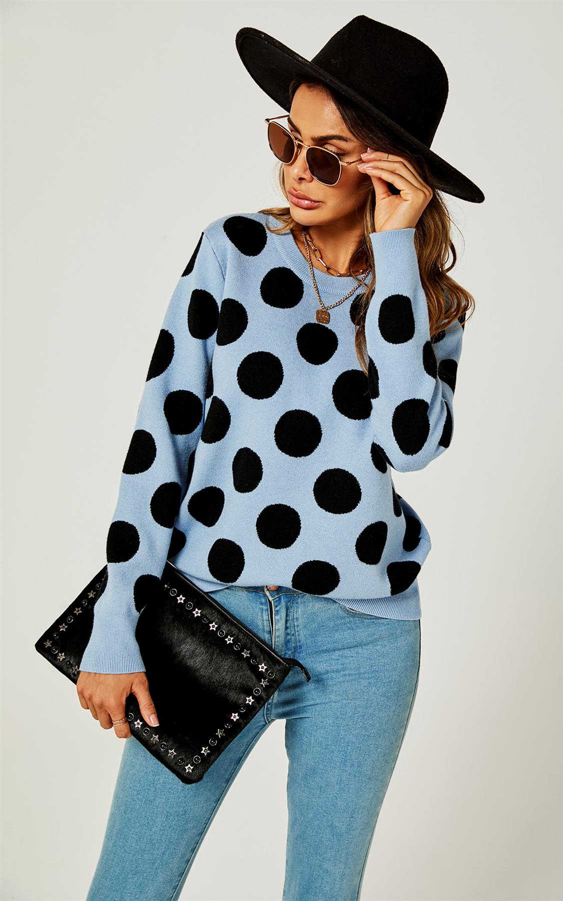 Comfy Knit Black Polka Dot Pattern Jumper Top In Blue
