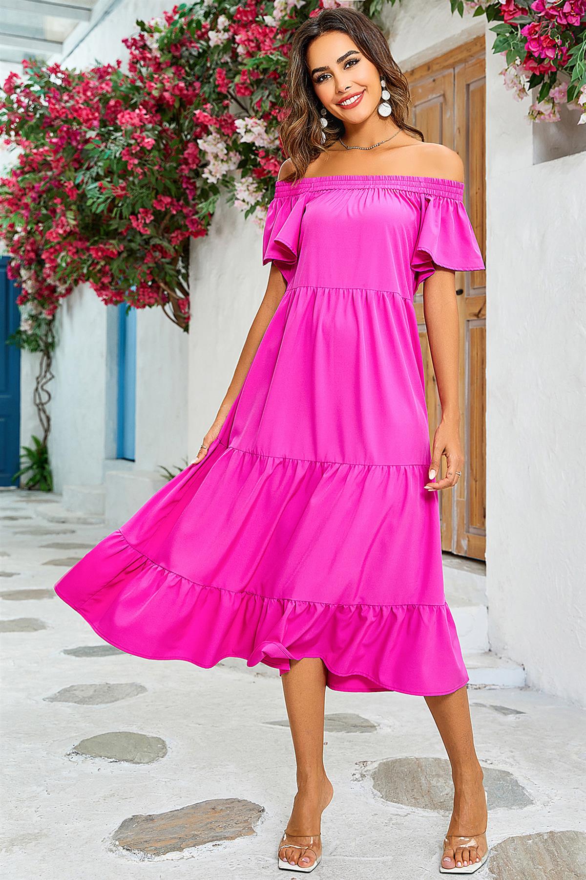 Off Shoulder Bardot Frill Midi Dress In Fuchsia Pink
