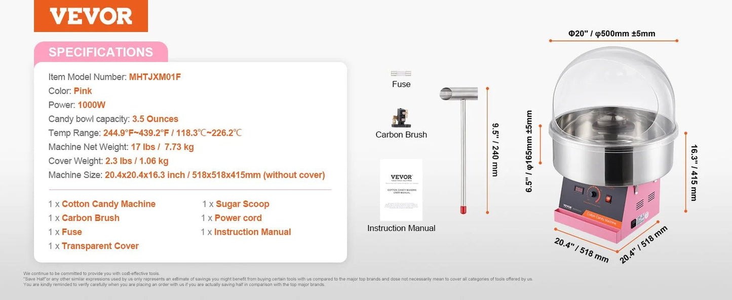 VEVOR Zuckerwattemaschine Kompakt - 1000W, Kapazität 3,5 Unzen