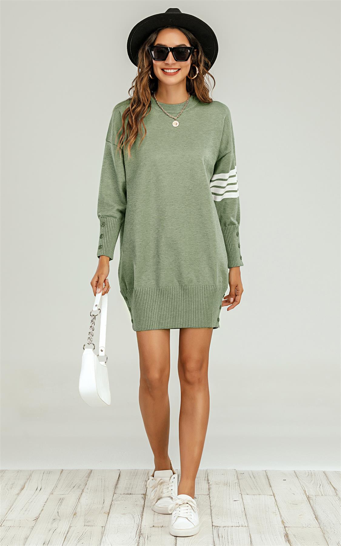 Knitted Tunic Jumper Dress With White Stripe In Olive