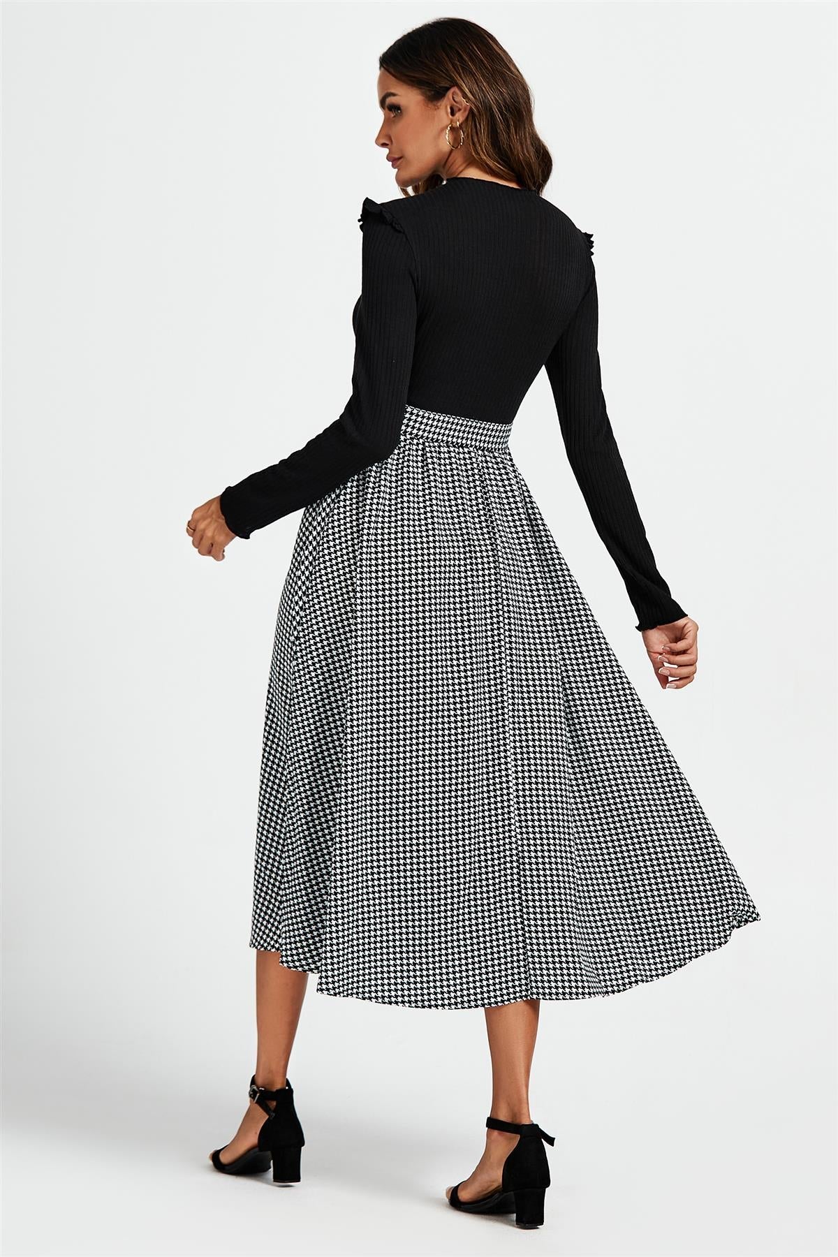 Rochie midi 2 în 1 cu imprimeu Houndstooth alb și negru