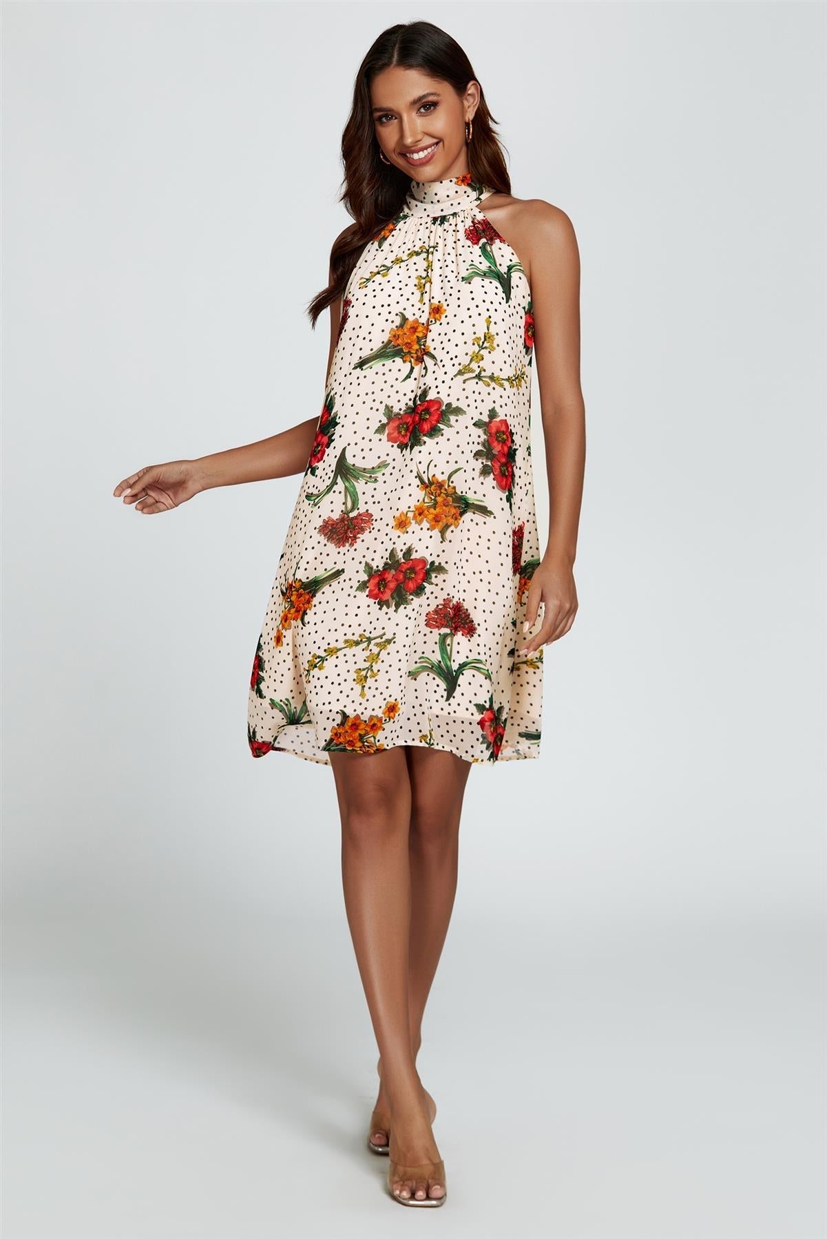 Floral Print Halter Neck Tie Back Mini Dress In Off White
