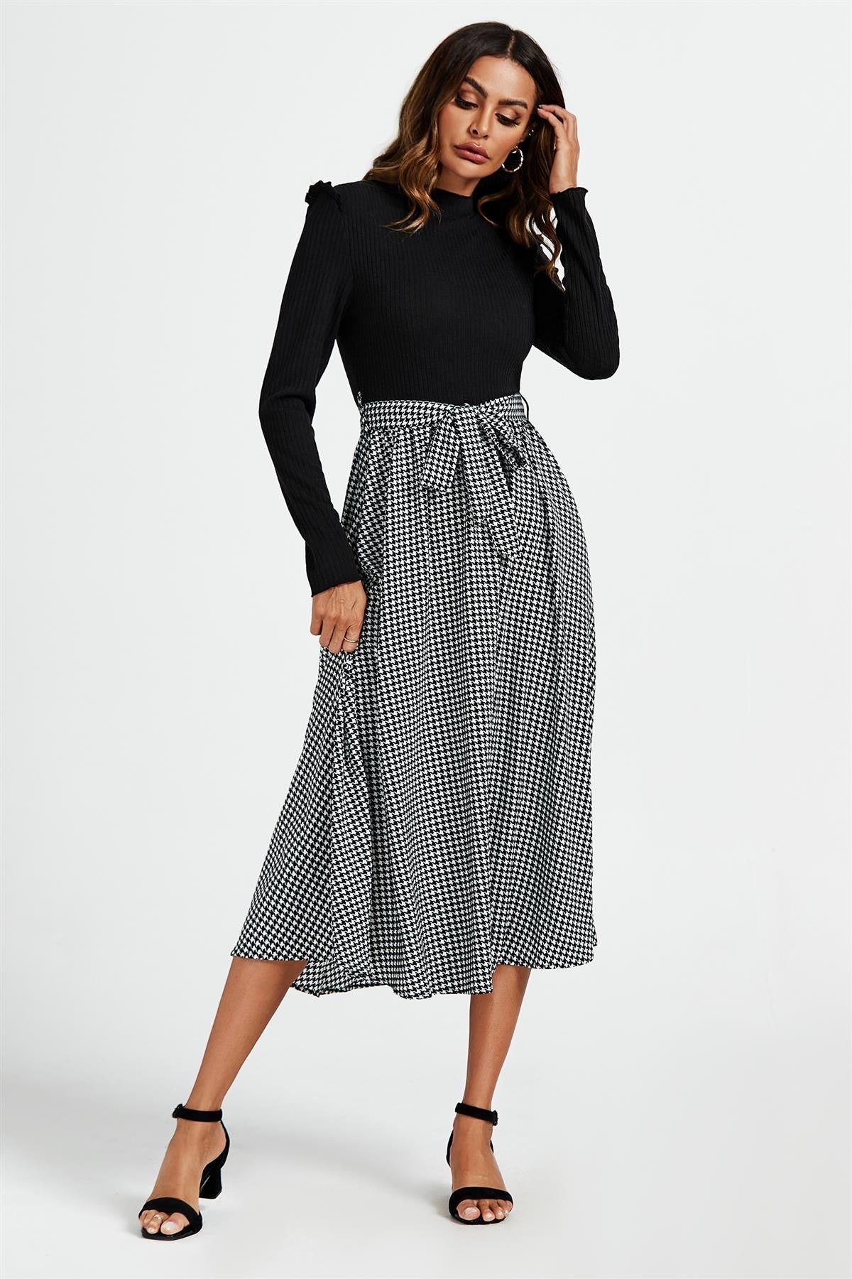 Rochie midi 2 în 1 cu imprimeu Houndstooth alb și negru