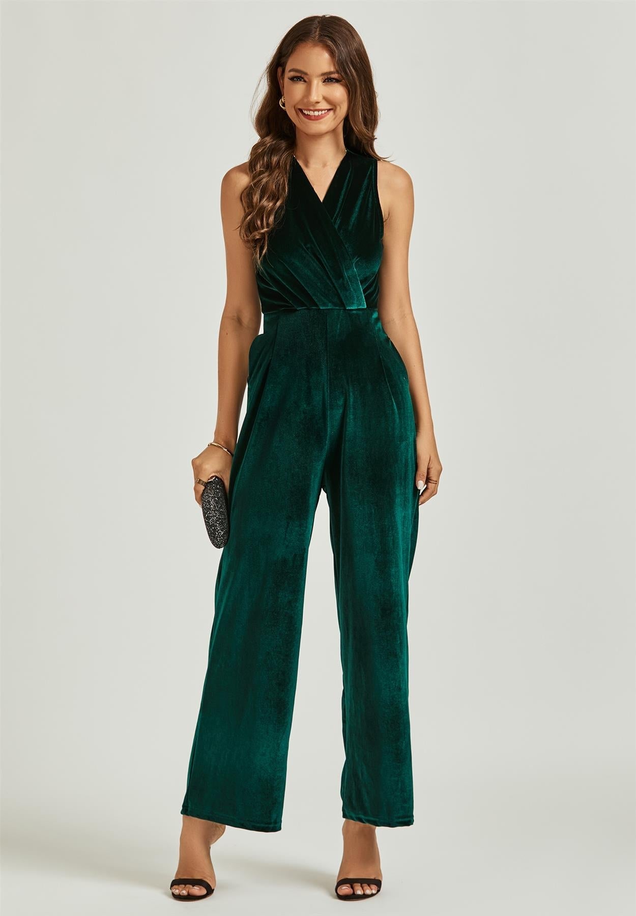Velvet Wrap Jumpsuit In Green