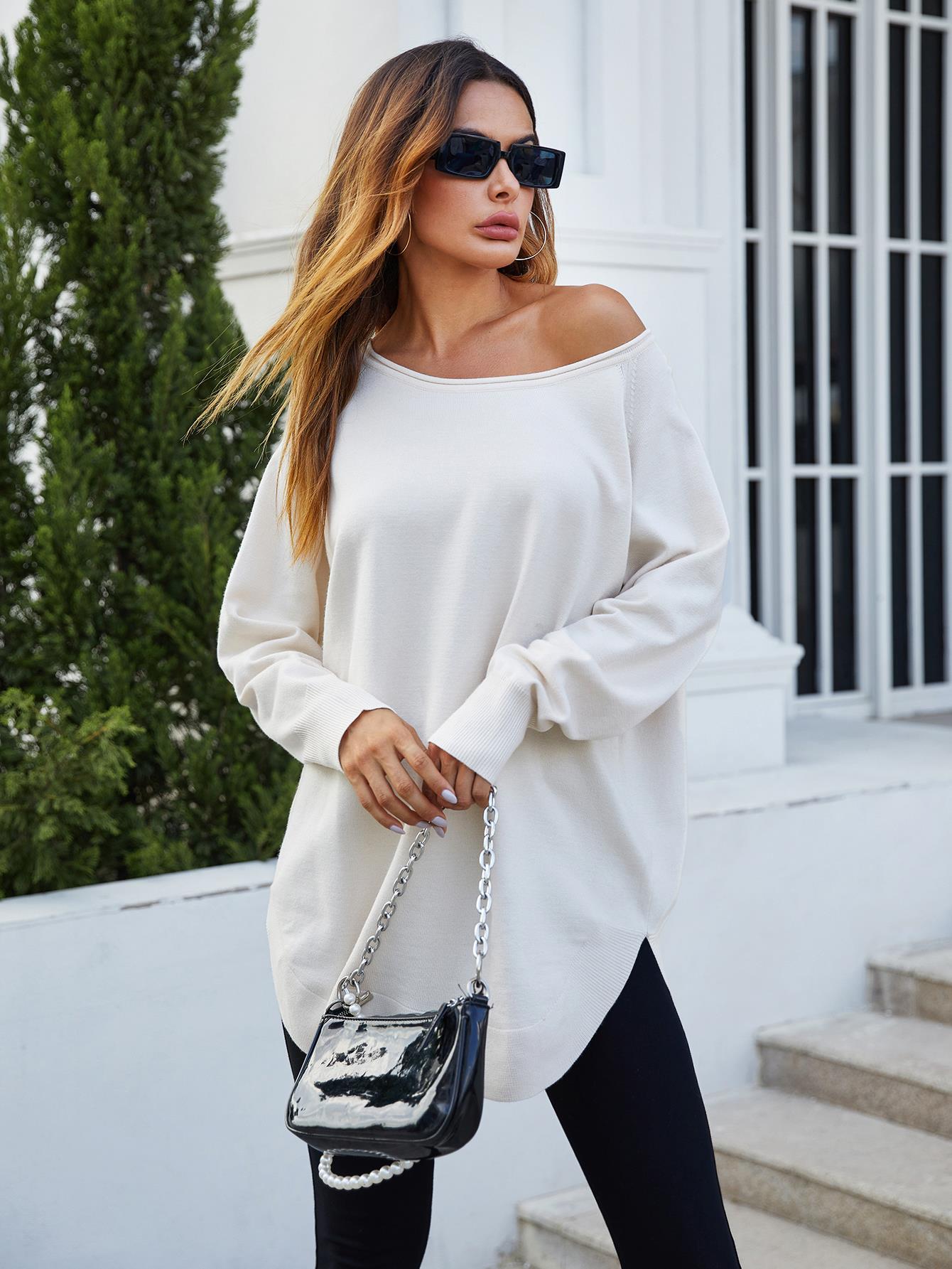 Pulover tricotat supradimensionat în culoarea ecru