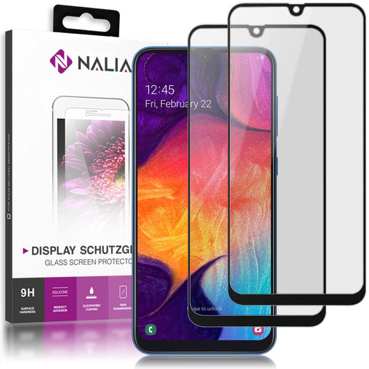 NALIA Full Cover Schutzglas Samsung Galaxy A50 - 9H Härte, 0,33 mm Dicke, 2er Pack