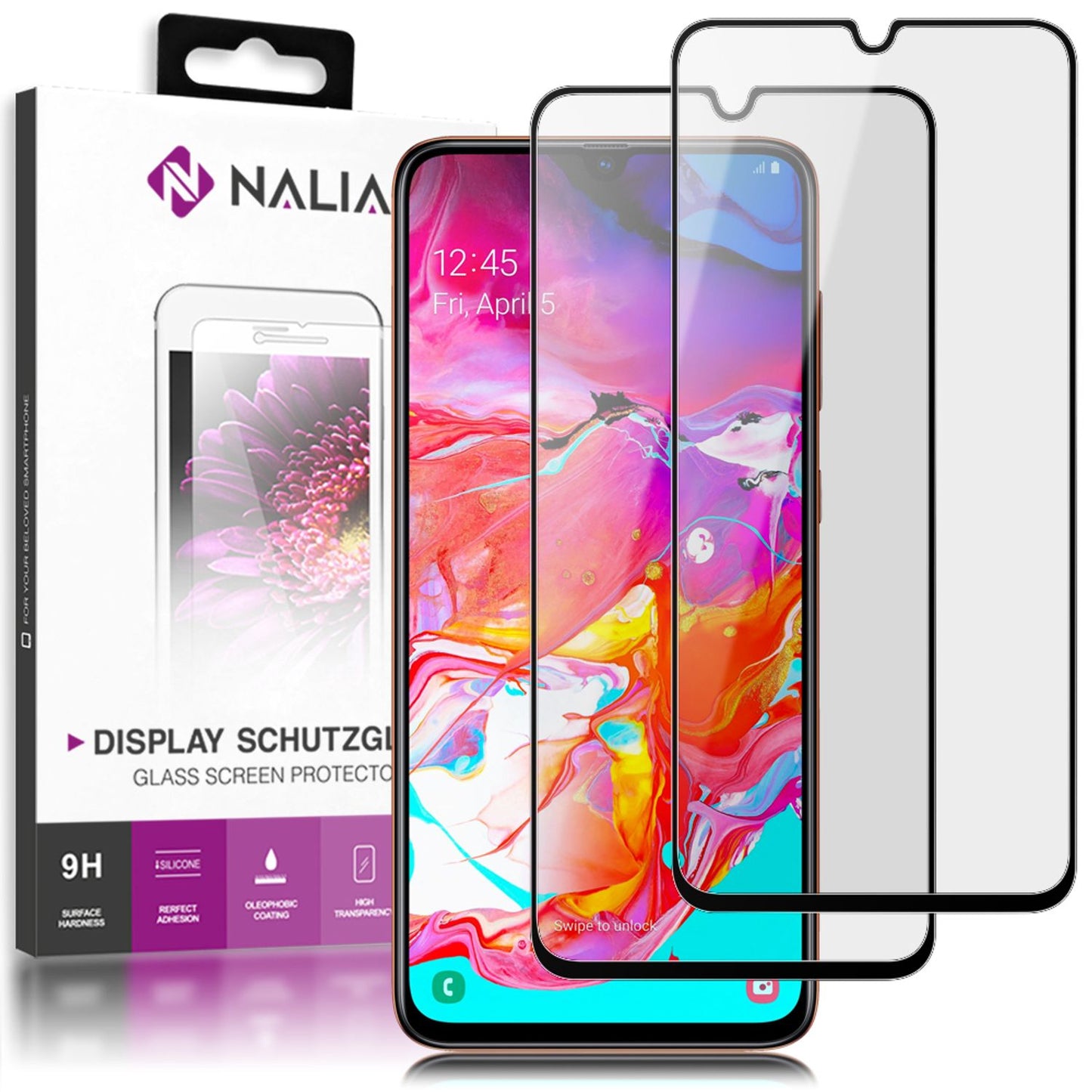 NALIA 2x Schutz Glas für Samsung Galaxy A70, 9H Full Cover Display Panzer Folie