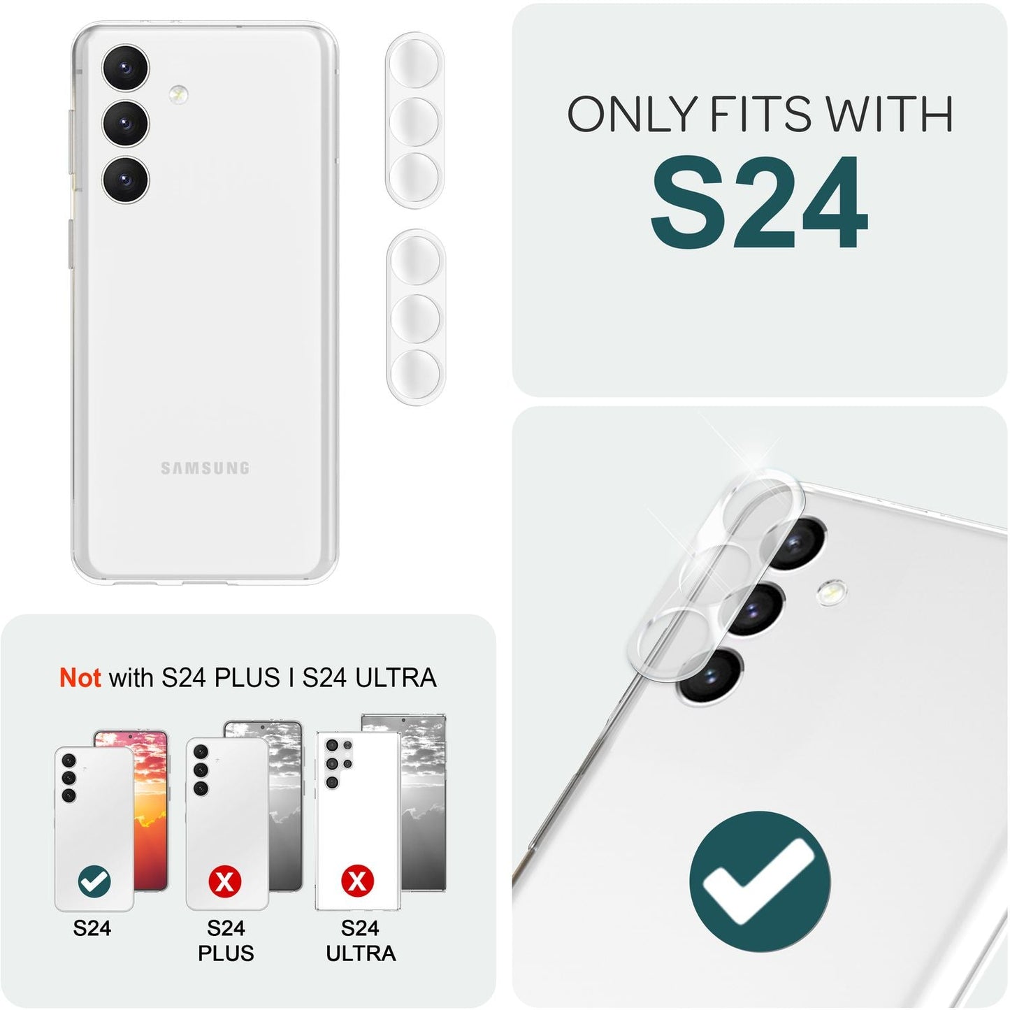 NALIA Kamera-Schutzglas Galaxy S24 Klar - Dicke 0,33 mm, Härte 9H, 2 Stück, Passgenau