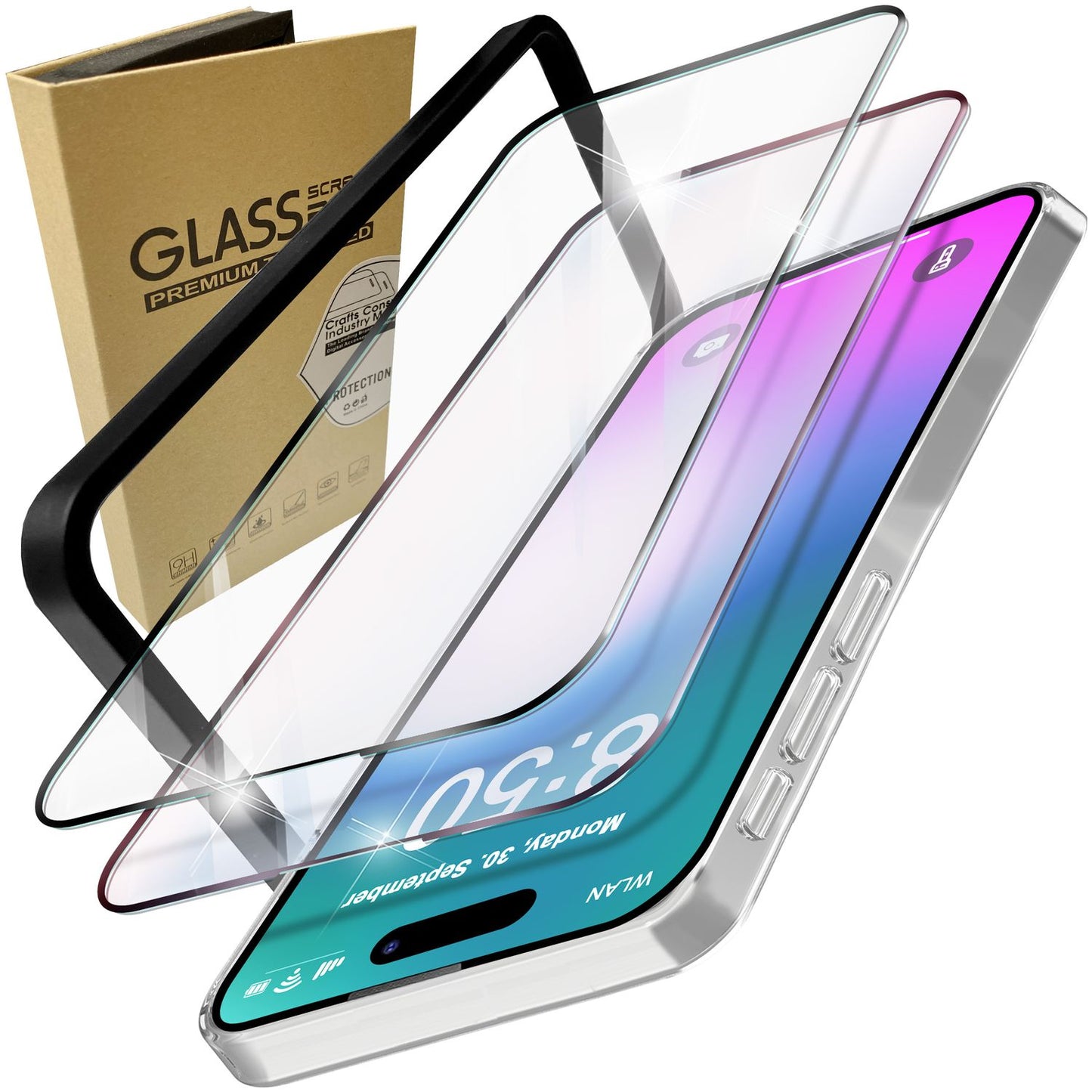 NALIA Set [3-in-1] 2x Schutzglas & 1x Montage Rahmen für iPhone 16 Pro, Transparenter Displayschutz Gehärtete Glasfolie