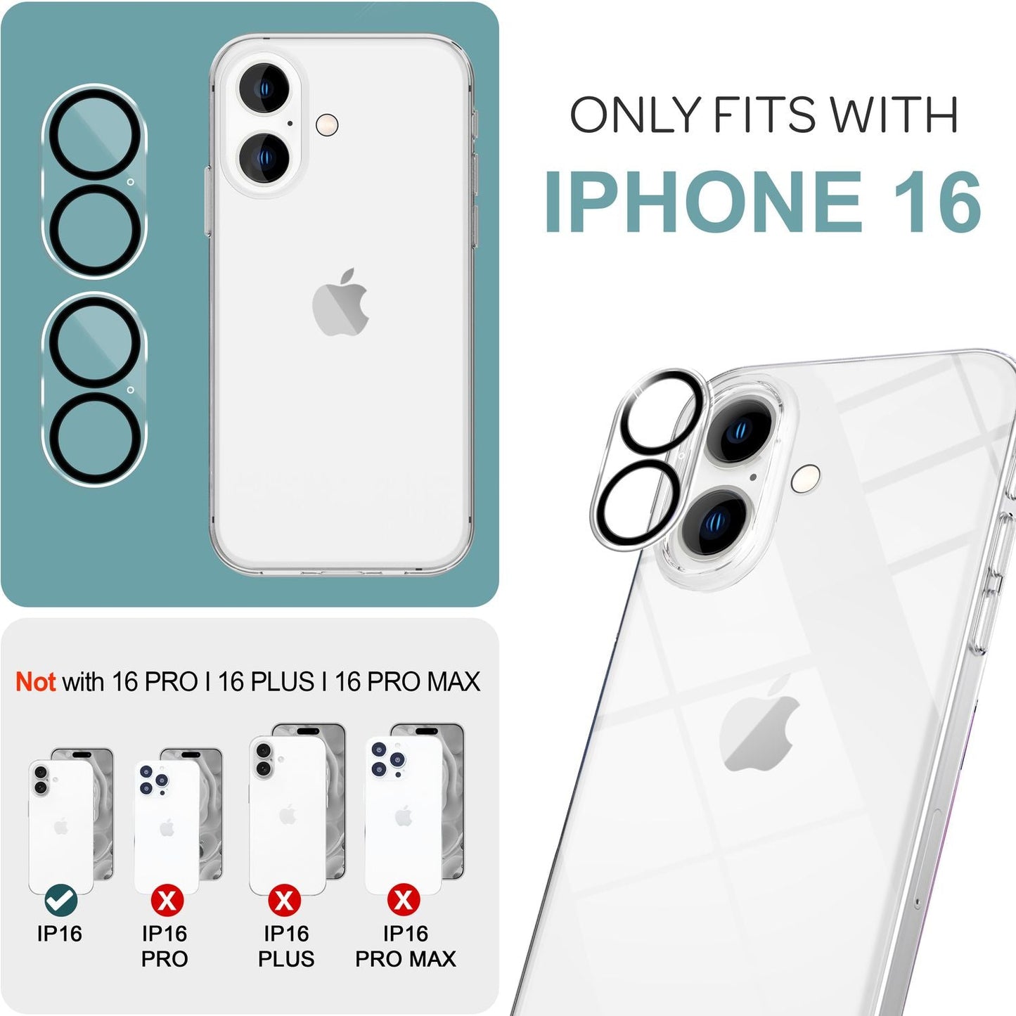 NALIA 2x Kamera Schutzglas für iPhone 16, Klarer Linsenschutz für Rückkamera, Transparenter Kameraschutz, Kameraglas