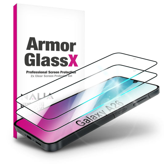 NALIA ArmorGlassX für Samsung Galaxy A26 Glas, Set 2x Schutzglas [9H], Hochtransparent mit schwarzem Rahmen, Touch Optimiert, Anti-Fingerprint, Kratzfest, Einfache Anbringung