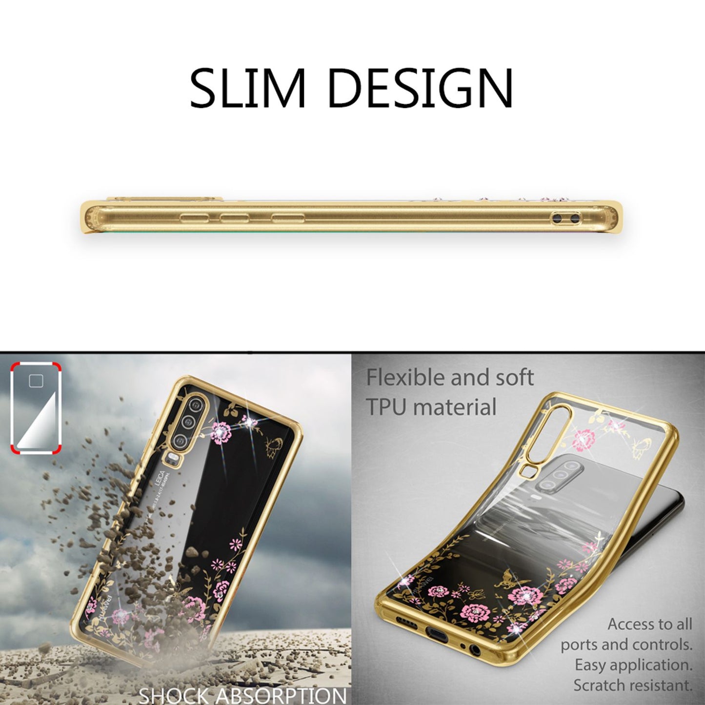 Husă de telefon NALIA pentru Huawei P30, cu aspect metalic și model floral