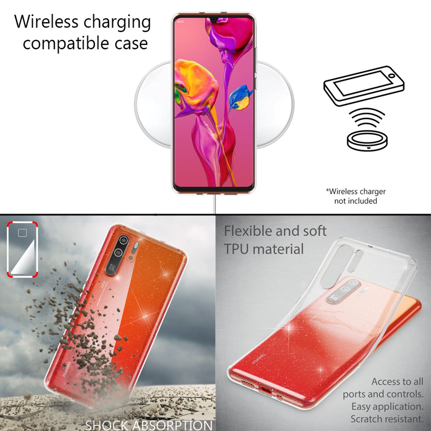 NALIA Glitter Hülle kompatibel mit Huawei P30 Pro, Glitzer Silikon Case Cover