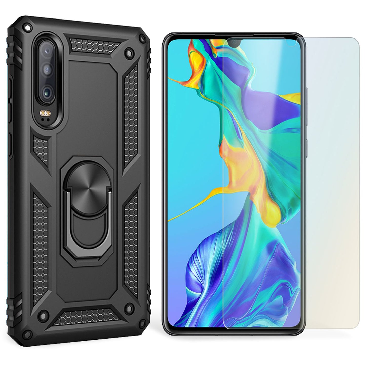 NALIA Ring Handy Hülle für Huawei P30, Case Cover Bumper Display Schutz Glas