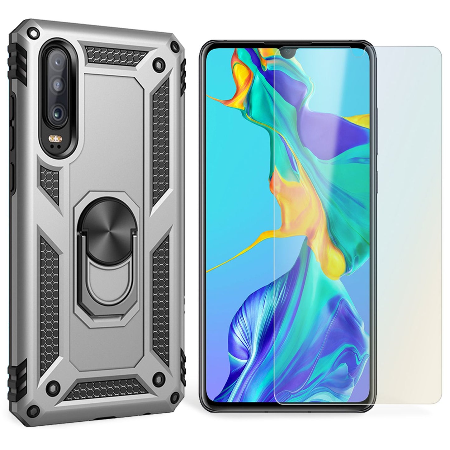NALIA Ring Handy Hülle für Huawei P30, Case Cover Bumper Display Schutz Glas