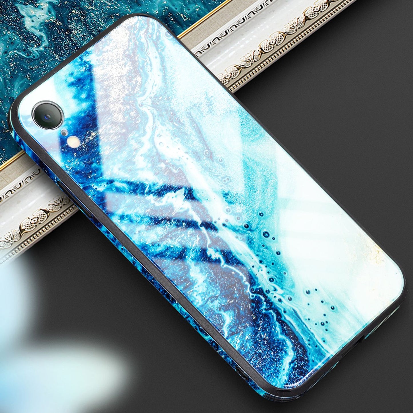 Nalia iPhone XR Hartglas Hülle - 9H Tempered Glass Ultra Klar, Silikon Bumper, Marmor Design