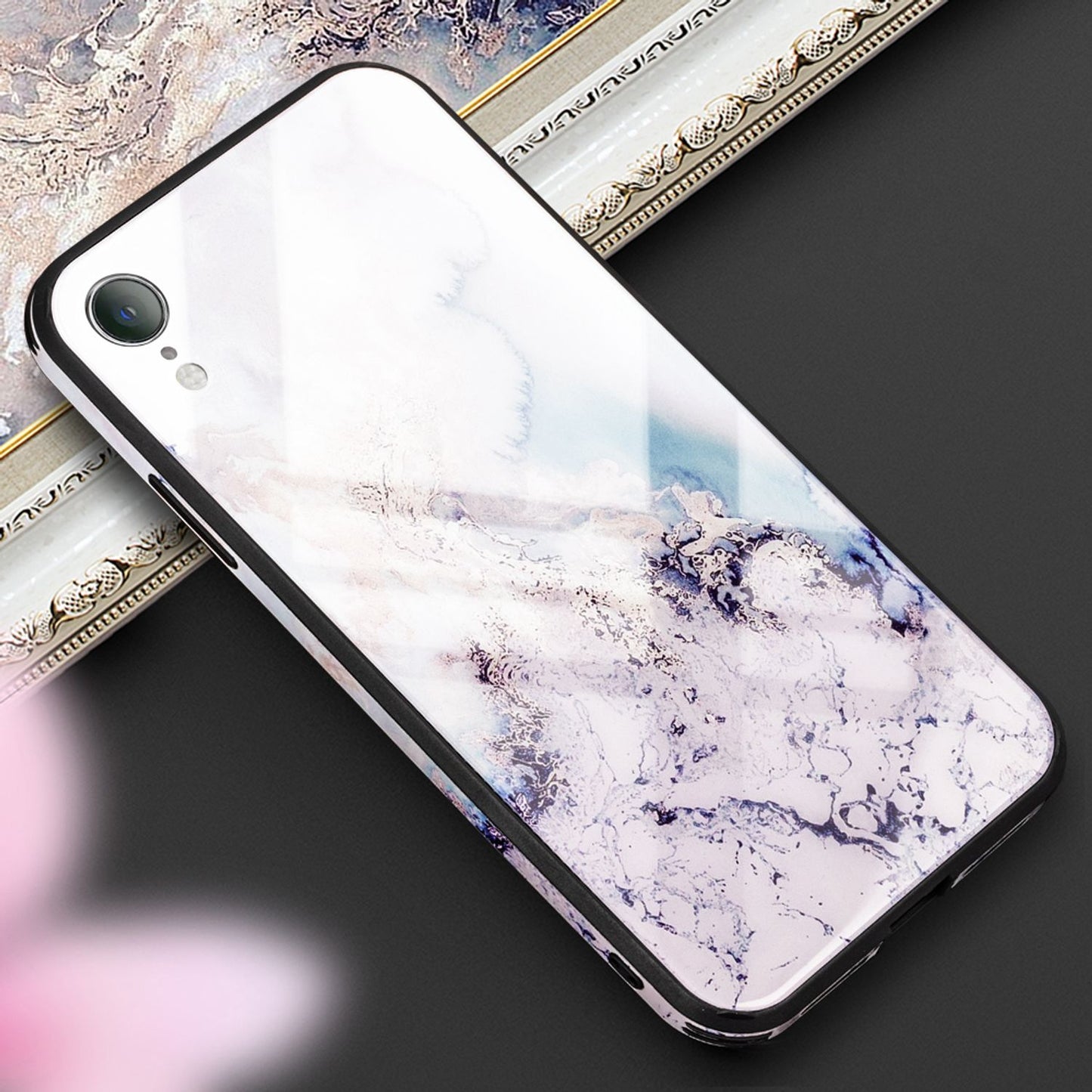Nalia iPhone XR Hartglas Hülle - 9H Tempered Glass Ultra Klar, Silikon Bumper, Marmor Design