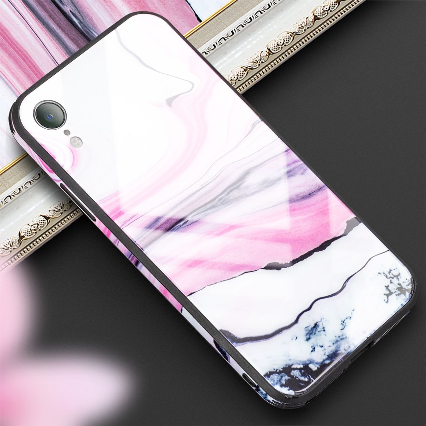 Nalia iPhone XR Hartglas Hülle - 9H Tempered Glass Ultra Klar, Silikon Bumper, Marmor Design