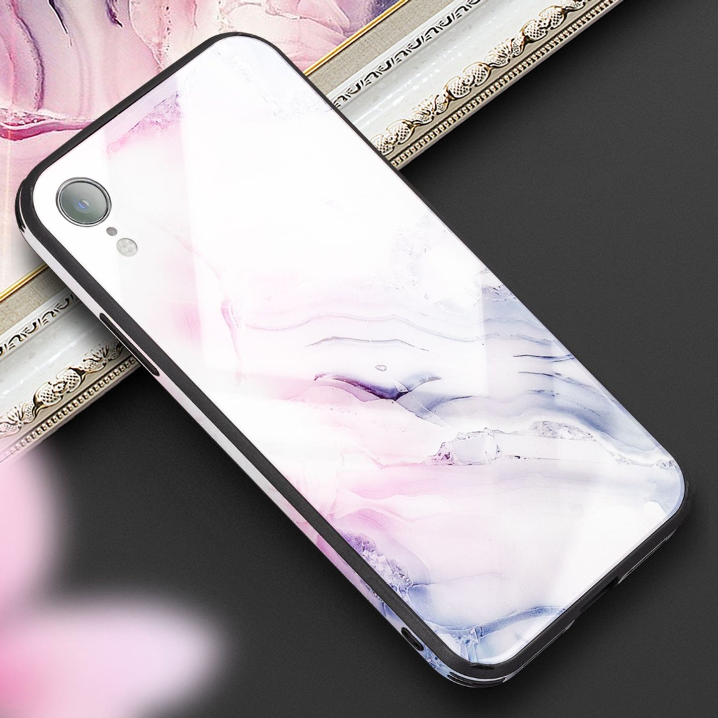Nalia iPhone XR Hartglas Hülle - 9H Tempered Glass Ultra Klar, Silikon Bumper, Marmor Design
