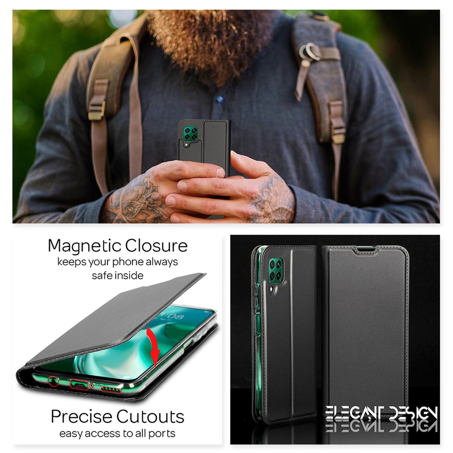 NALIA Huawei P40 Lite Klapphülle Kunstleder - 360 Grad Schutz Slim Wallet Kartenfächer